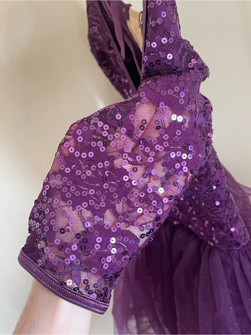 Weissman Purple Sequin Tulle Dance Dress with Gold Applique
